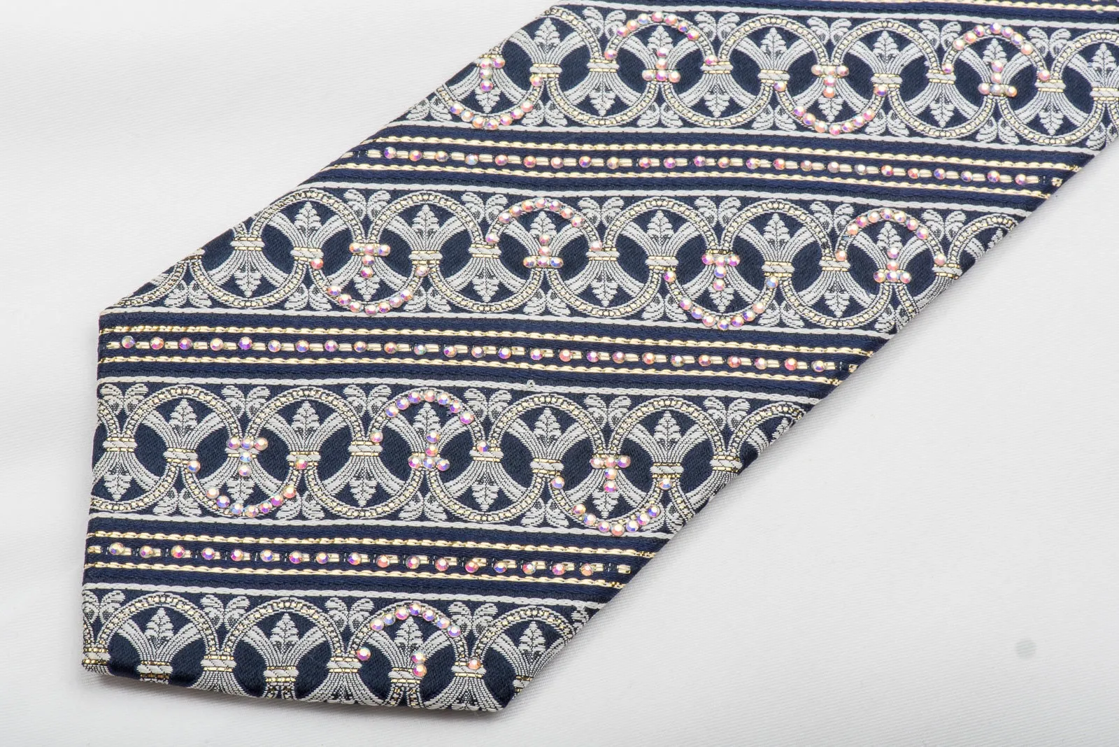 Premierlux Mens Rhinestone Silk Necktie Silver Cartouche On Navy With Sparkles