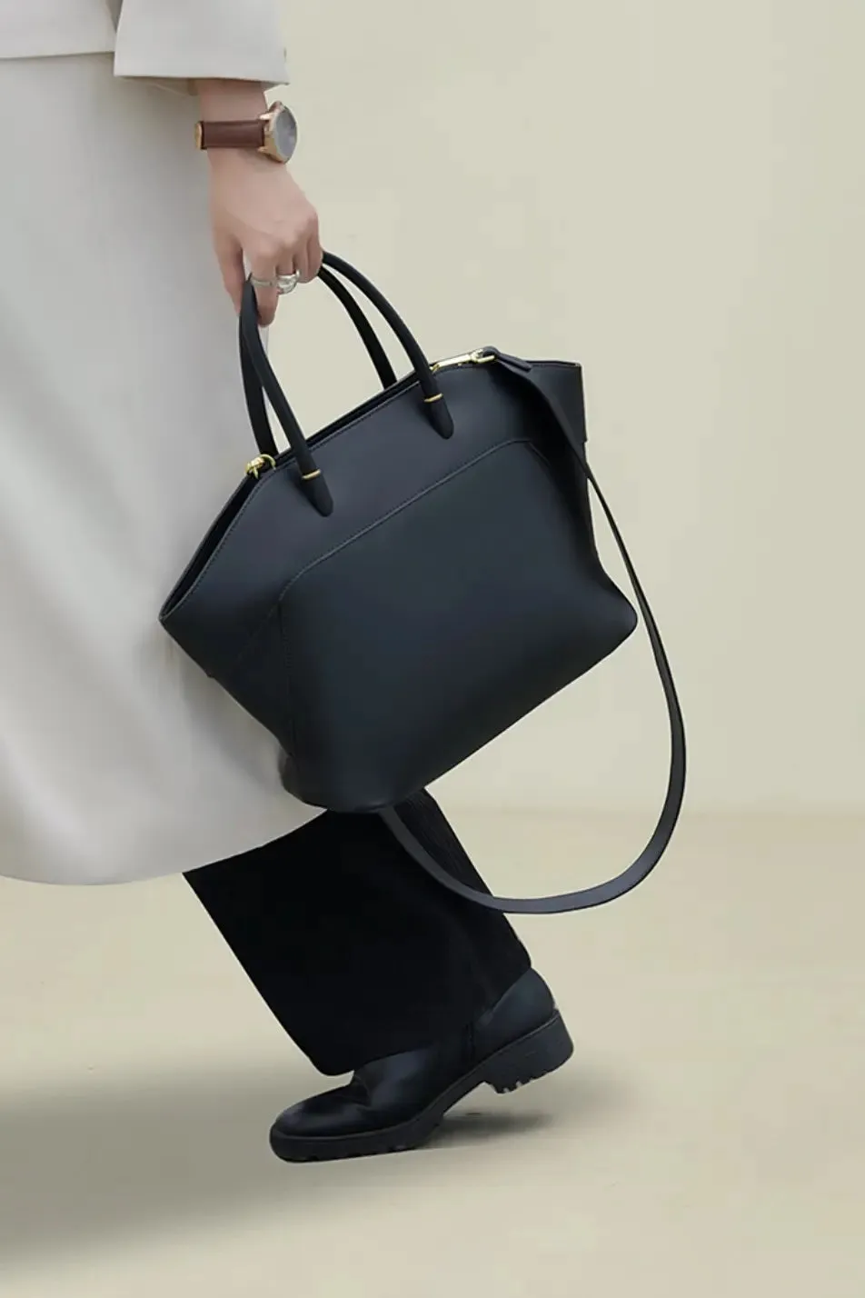 Soft Leather Top Handle Trapezoid Handbag