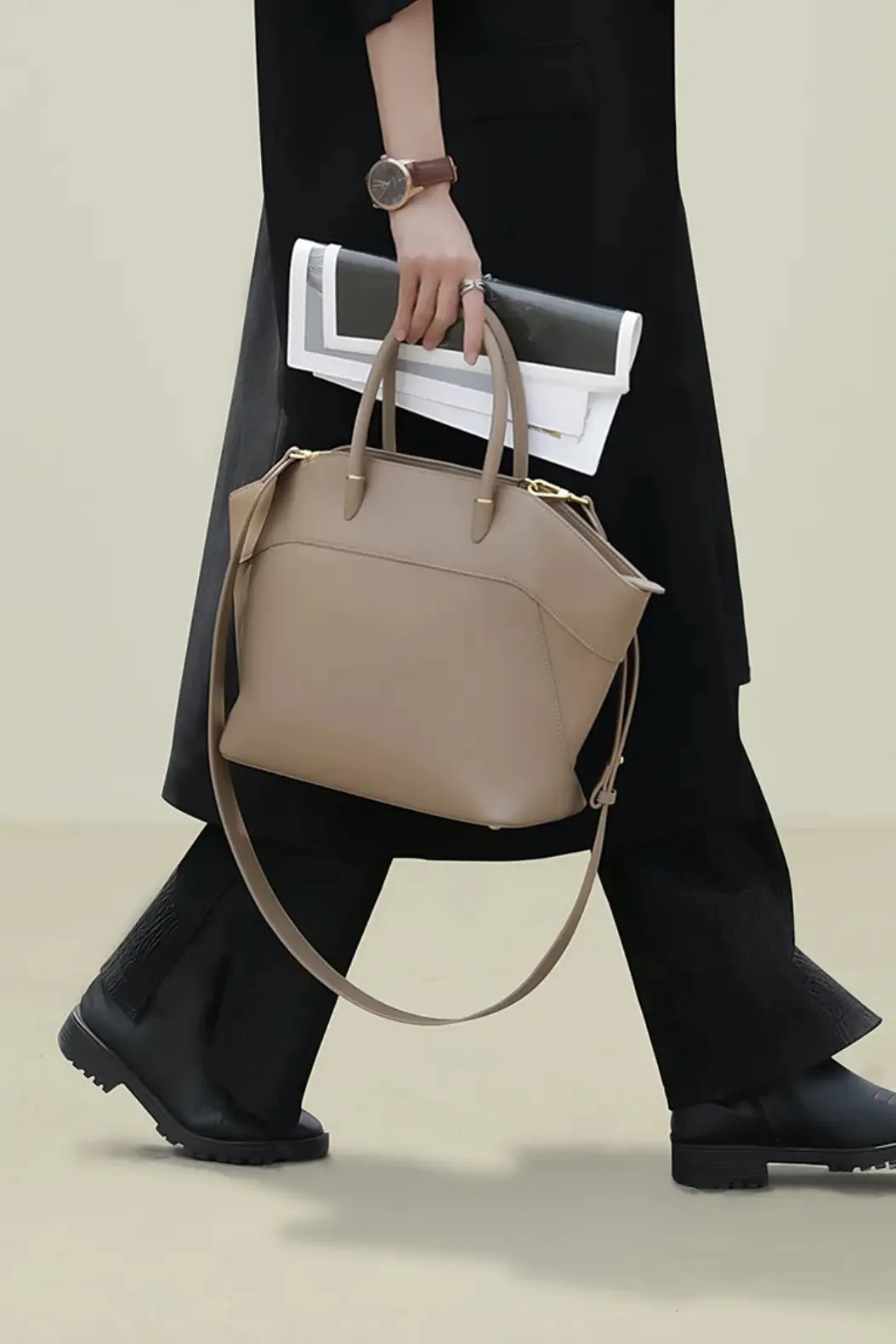 Soft Leather Top Handle Trapezoid Handbag