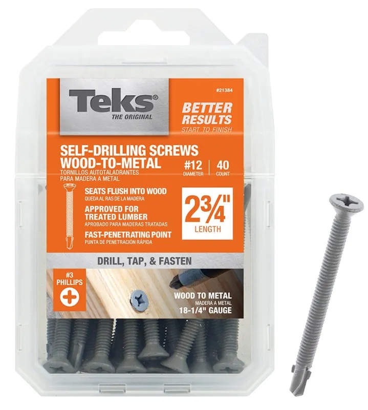 Teks 21384 Screw, #12 Thread, 2-3/4 in L, Coarse Thread, Flat Head, Phillips Drive, Self-Drilling, Self-Tapping Point :PK 40: QUANTITY: 1