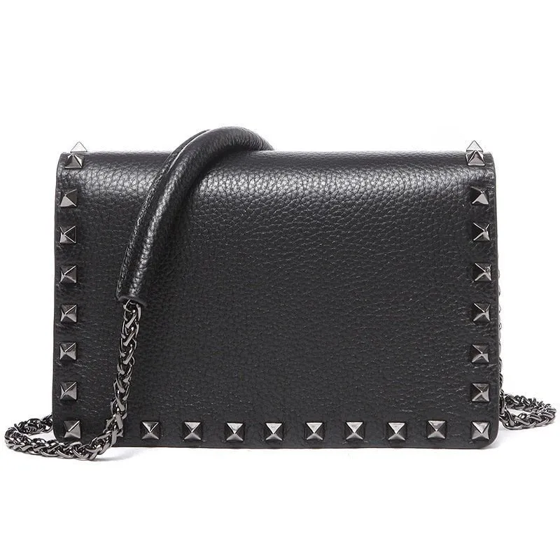 Top Grain Cow Leather Rivets Crossbody Bag with Leather Mix Metal Chain