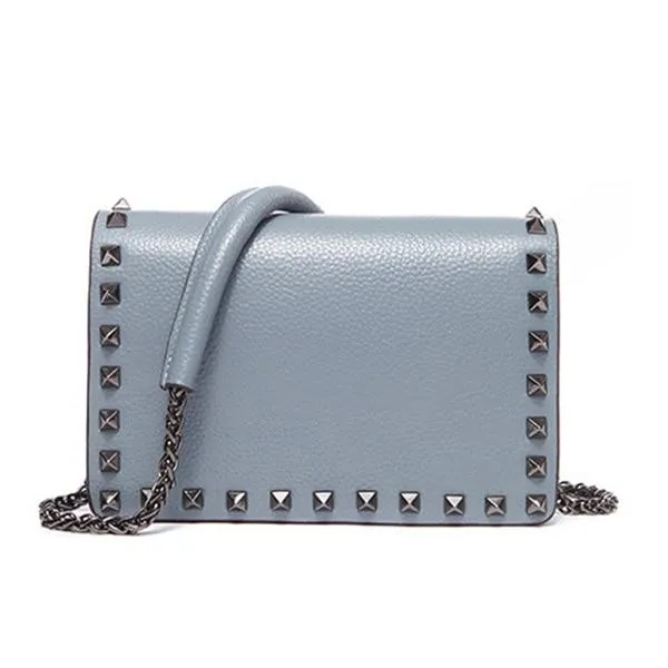 Top Grain Cow Leather Rivets Crossbody Bag with Leather Mix Metal Chain