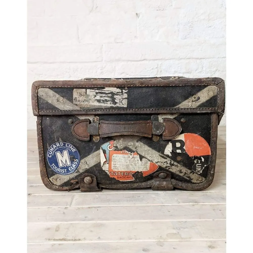 Vintage Travel trunk with stickers - suitcase with leather straps