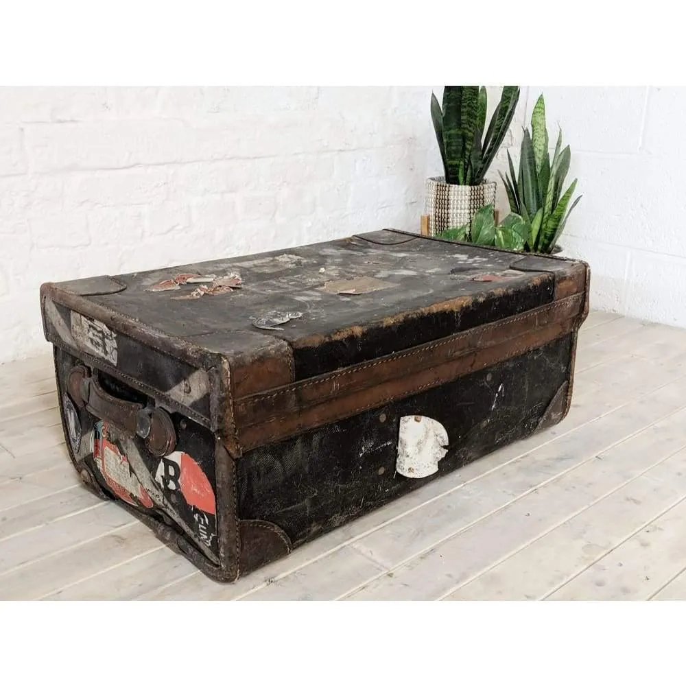 Vintage Travel trunk with stickers - suitcase with leather straps