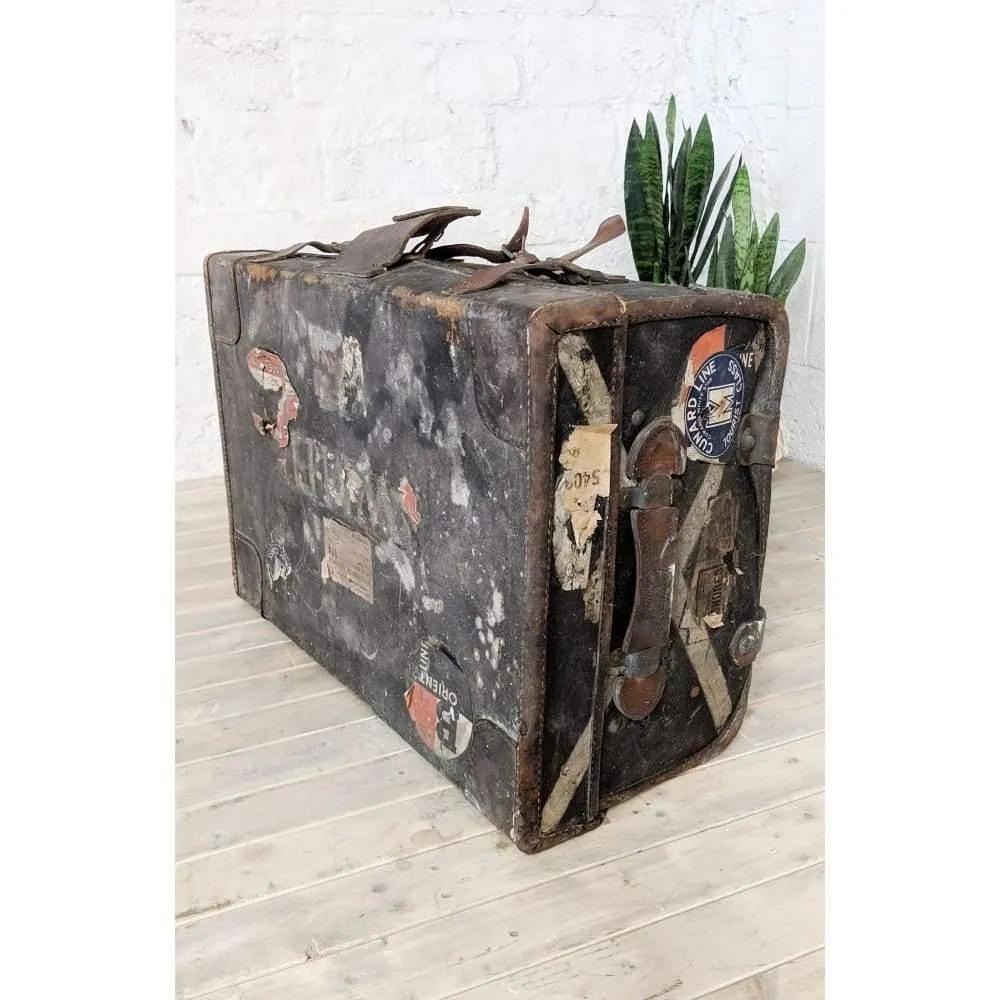 Vintage Travel trunk with stickers - suitcase with leather straps