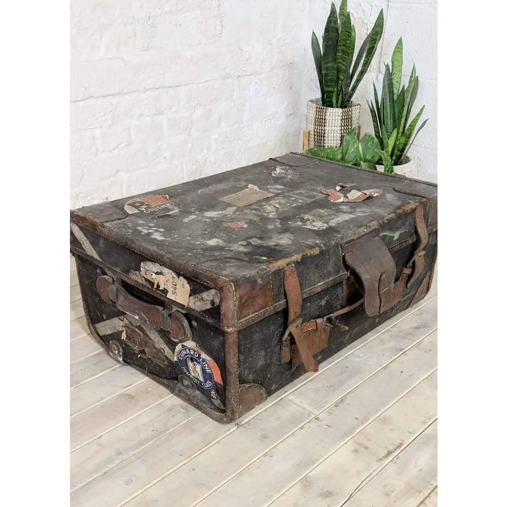 Vintage Travel trunk with stickers - suitcase with leather straps