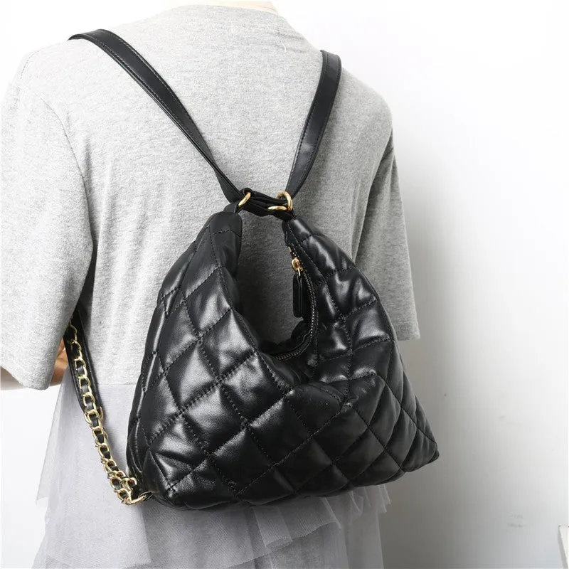 Womens Quilted Leather Bucket Hobo Backpack Multi- Use Bag