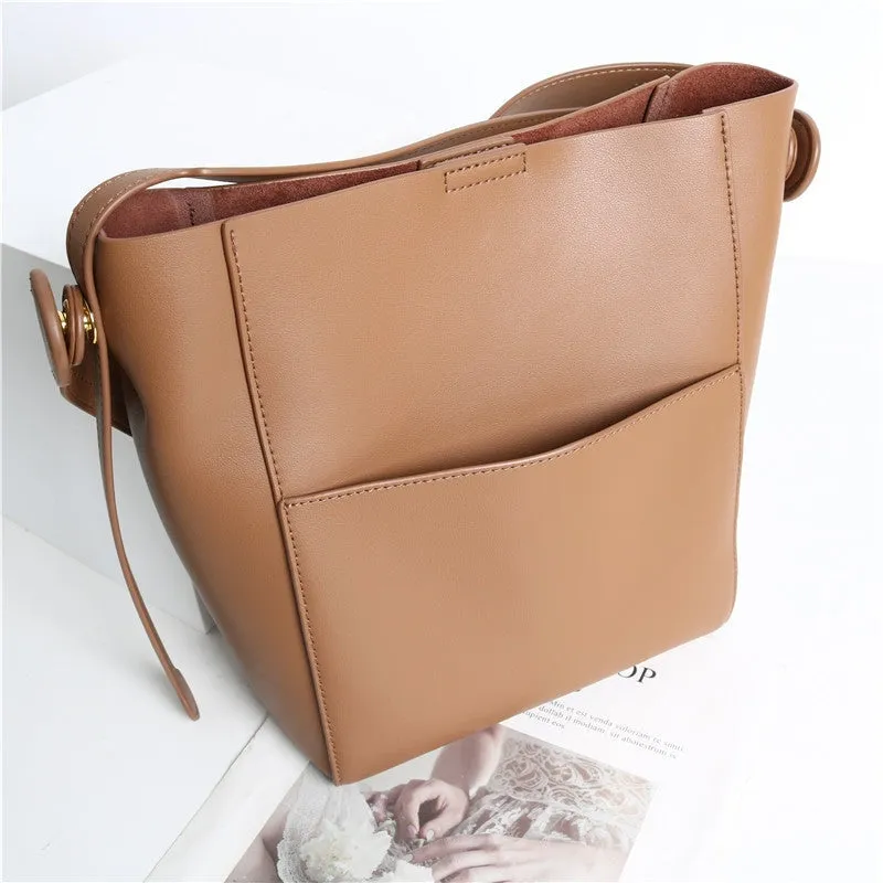 Womens Smooth Leather Bucket Tote Bag