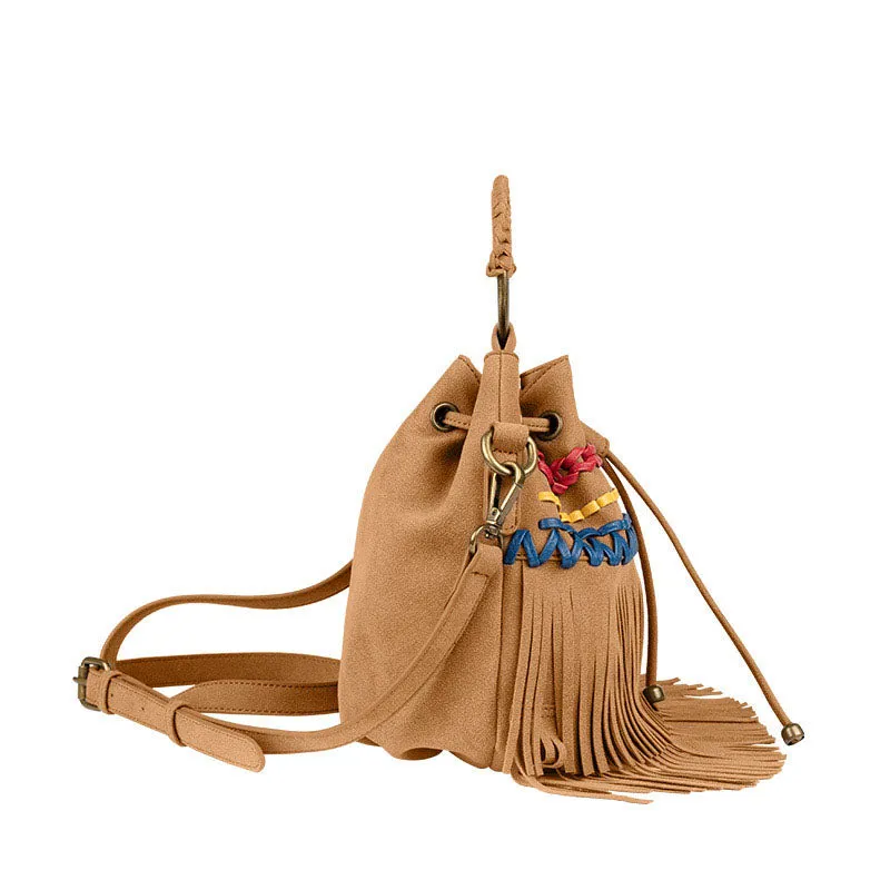 Womens Vegan Leather Fringe Crossbody  Bucket Bags Boho Purses for Women