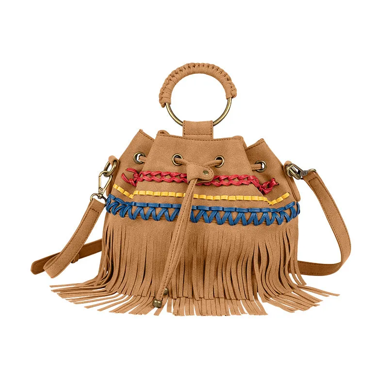 Womens Vegan Leather Fringe Crossbody  Bucket Bags Boho Purses for Women