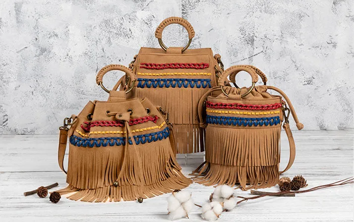 Womens Vegan Leather Fringe Crossbody  Bucket Bags Boho Purses for Women