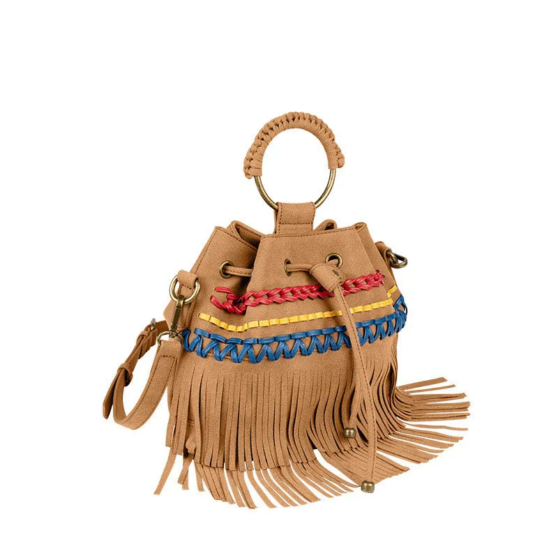 Womens Vegan Leather Fringe Crossbody  Bucket Bags Boho Purses for Women