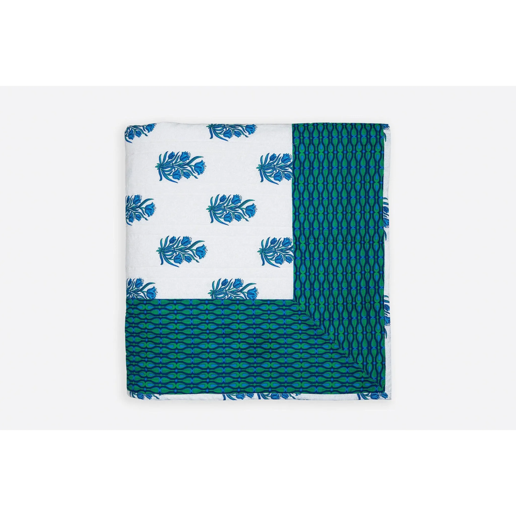 Zubeidah Tulip White and Seagreen Blockprint Reversible Cotton Quilt