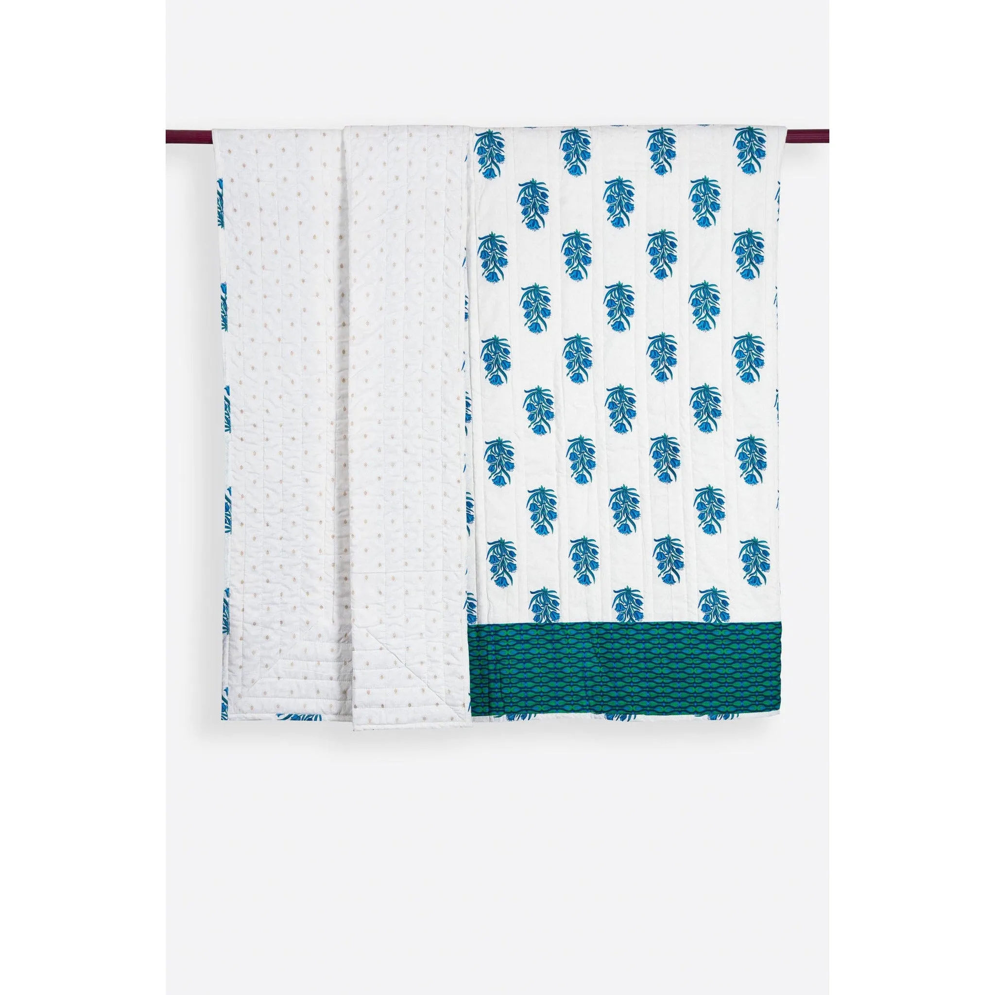 Zubeidah Tulip White and Seagreen Blockprint Reversible Cotton Quilt